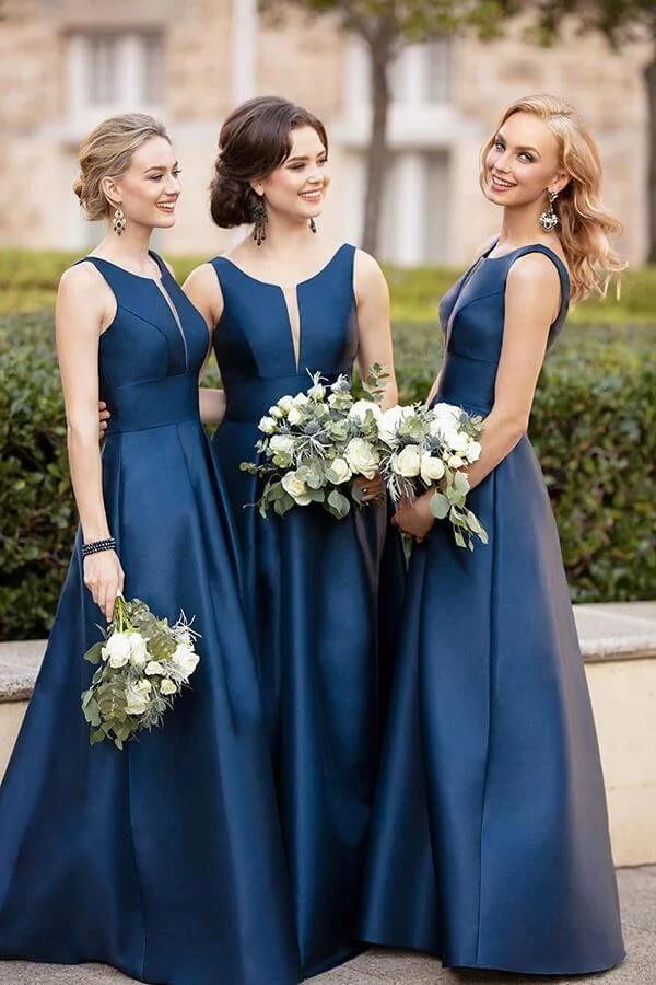 Navy Blue Satin A-line V-neck Bridesmaid Dresses, Wedding Party Dresses, MBD178 Navy Blue Satin A-line V-neck Bridesmaid Dresses, Wedding Party Dresses, MBD178