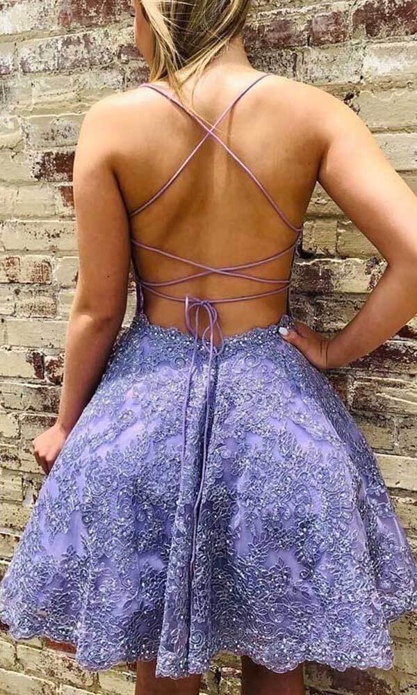 Lilac Lace Beaded A-line Spaghetti Straps Short Homecoming Dresses, MH529 Lilac Lace Beaded A-line Spaghetti Straps Short Homecoming Dresses, MH529
