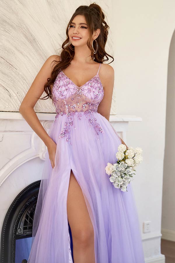 Lilac Tulle A-line Long Prom Dresses With Beading, Long Formal Dresses, MP701 Lilac Tulle A-line Long Prom Dresses With Beading, Long Formal Dresses, MP701