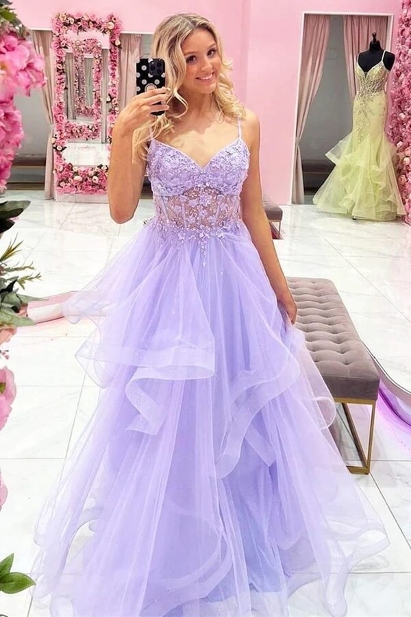 A Line V Neck Purple Tulle High Low Prom Dresses, High Low Purple Tulle  Long Formal Evening Dresses