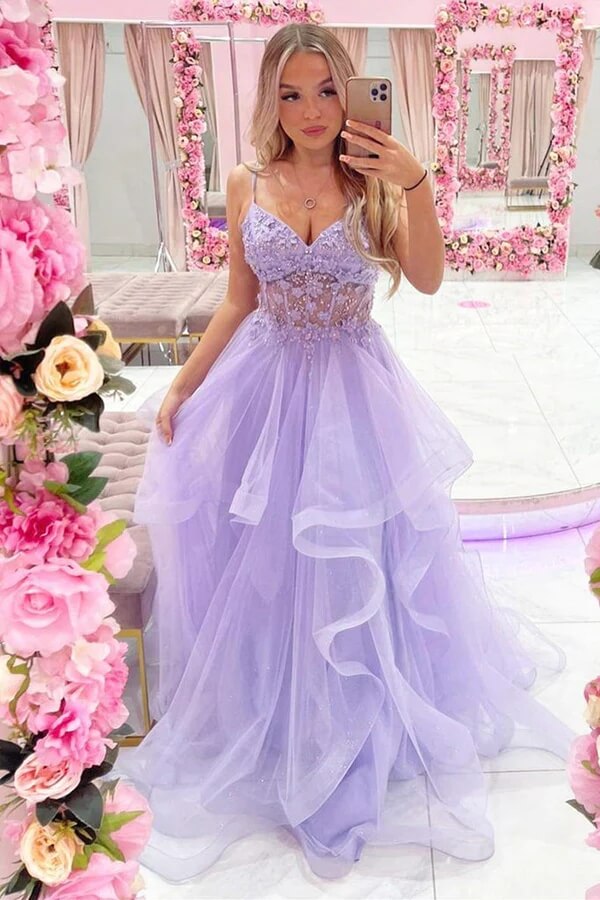 Lilac Tulle A-line V-neck Lace Appliques Long Prom Dresses, Evening Gown, MP739 | long formal dresses | evening dresses | evening gown | musebridals.com
