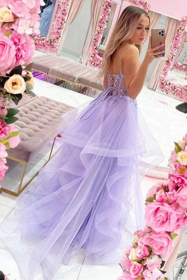 V-neck Long A-line Purple Tulle Lace Long Prom Dresses, New Arrival Prom Dresses