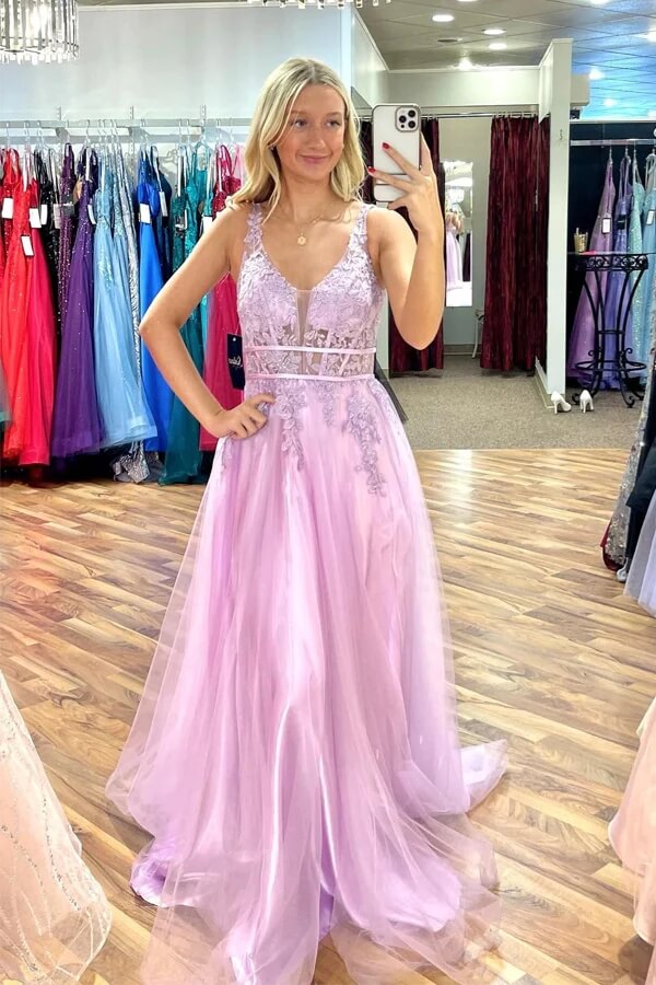 Lilac Tulle A-line V-neck Lace Appliques Prom Dresses, Long Formal Dress, MP820 Lilac Tulle A-line V-neck Lace Appliques Prom Dresses, Long Formal Dress, MP820