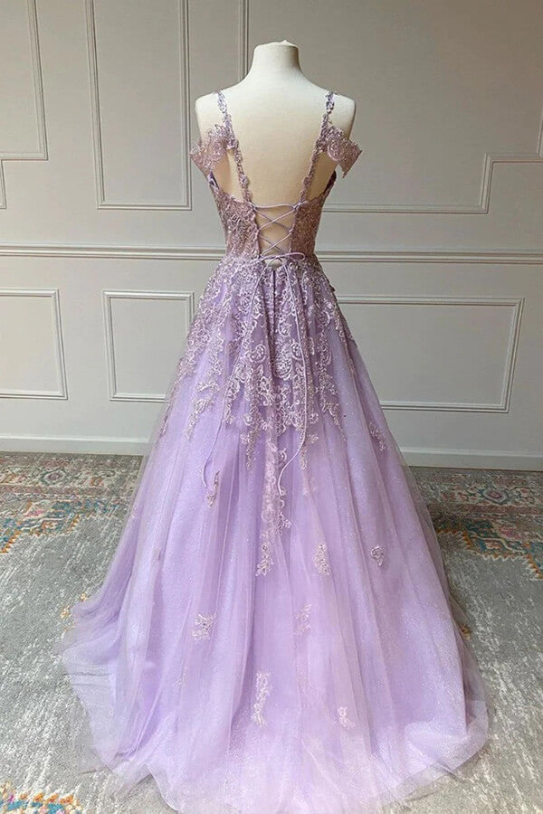 Lilac Tulle A-line V-neck Prom Dresses With Lace Appliques, Evening Dress, MP743 | cheap lace prom dress | prom dress for teens | prom dresses stores | musebridals.com