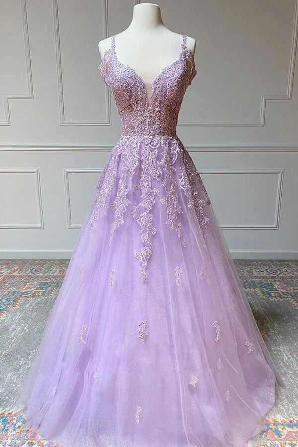 Lilac Tulle A-line V-neck Prom Dresses With Lace Appliques, Evening Dress, MP743 | Evening Gown | party dresses | dresses for prom | musebridals.com
