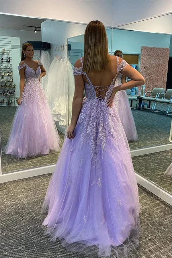 Lilac Tulle A-line V-neck Prom Dresses With Lace Appliques, Evening Dress, MP743