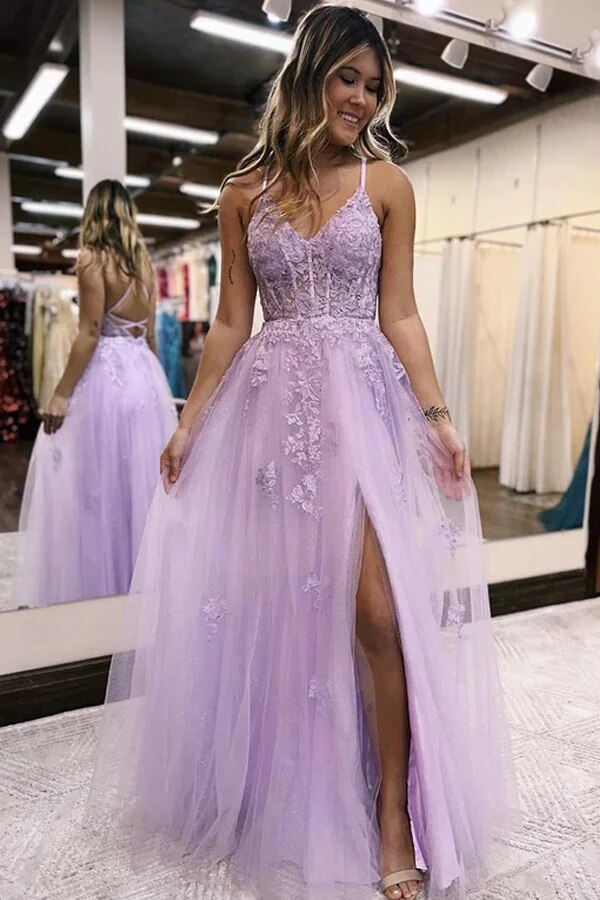 Lilac Tulle A-line V-neck Prom Dresses With Side Slit, Long Formal Dresses,  MP794