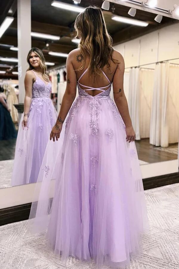 Simple purple v neck tulle long prom dress, purple evening dress – toptby