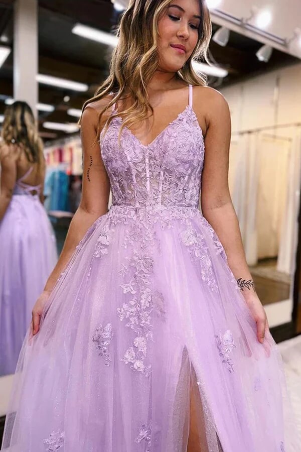 Strapless Purple Lace Prom Dress with Corset Back, Purple Tulle Lace Formal  Evening Dresses