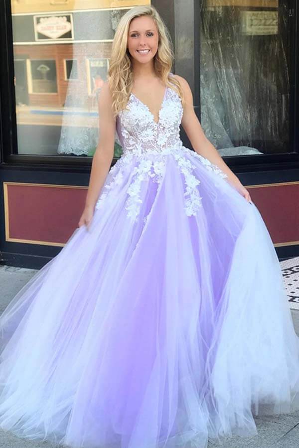 Lilac Tulle Lace A-line V-neck Open Back Prom Dresses, Long Formal Dress, MP688 Lilac Tulle Lace A-line V-neck Open Back Prom Dresses, Long Formal Dress, MP688