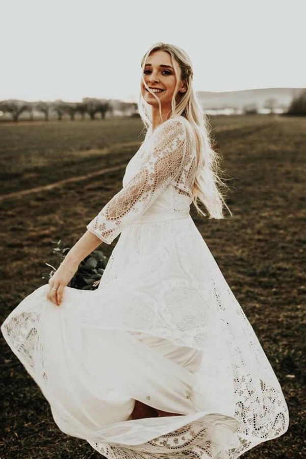 Long Sleeves Lace A-line Rustic Wedding Dresses MW847