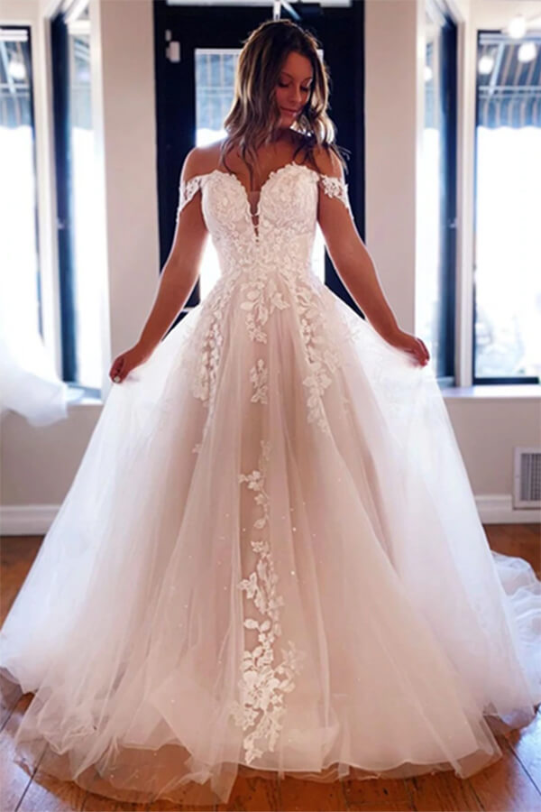 Luxury Tulle A-line Off Shoulder Wedding Dresses With Lace Appliques, MW650 Luxury Tulle A-line Off Shoulder Wedding Dresses With Lace Appliques, MW650