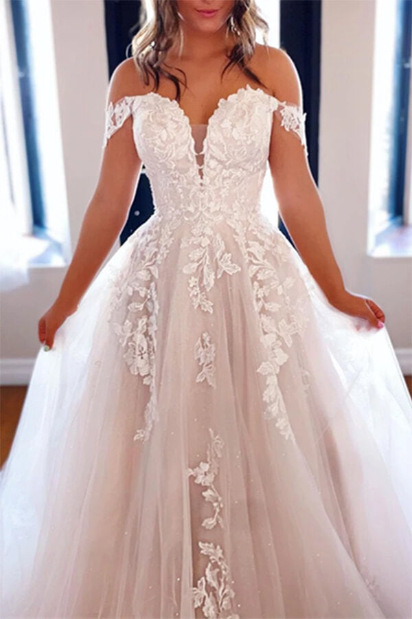 Luxury Tulle A-line Off Shoulder Wedding Dresses With Lace Appliques, MW650 Luxury Tulle A-line Off Shoulder Wedding Dresses With Lace Appliques, MW650