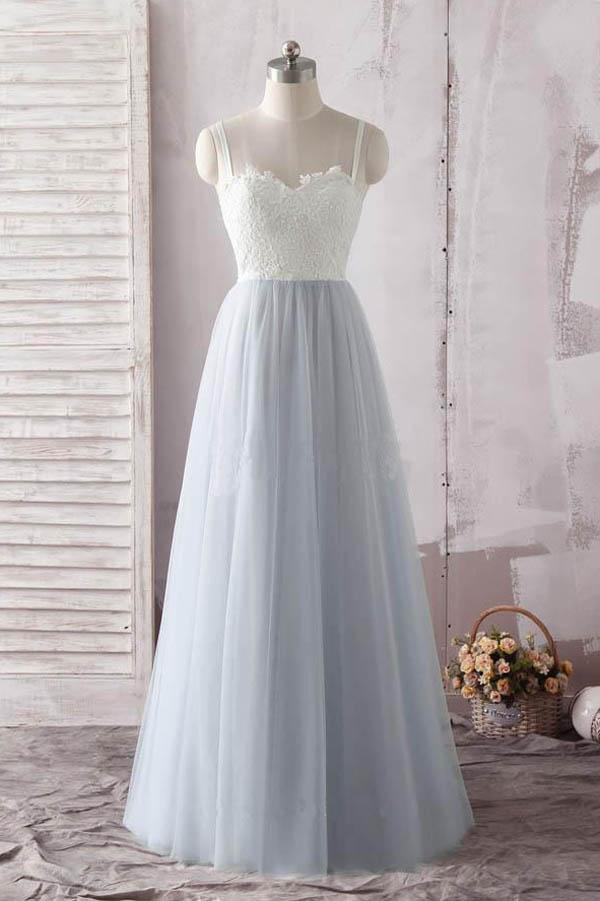 Simple Blue A-line Ivory Sweetheart Lace Spaghetti Straps Tulle Prom Dress, MP422