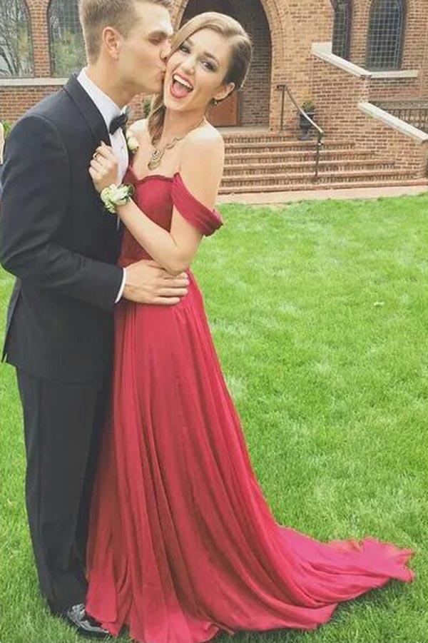 red off the shoulder chiffon dress Simple Chiffon Red A Line Off Shoulder Ruffle Long Prom Dresses, MP259