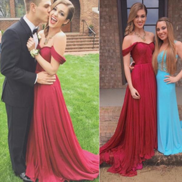 Simple Chiffon Red A Line Off Shoulder Ruffle Long Prom Dresses, MP259|musebridals.com