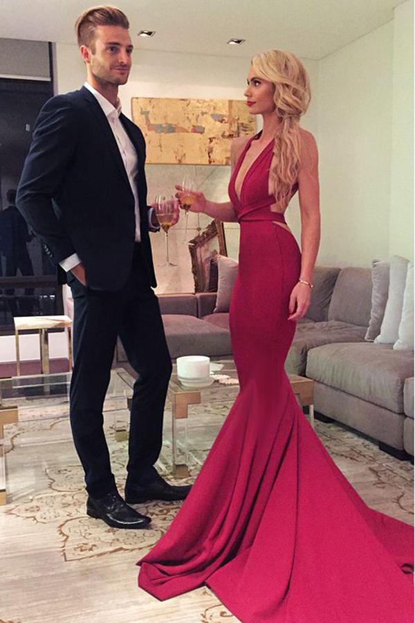 Red Mermaid Simple Cheap V-neck Backless Long Prom Dresses, MP194 at musebridals.com