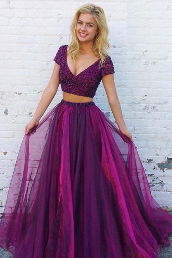 Purple Beaded Two Piece Tulle A-line V neck Party Dress, Long Prom Dresses, MP419 Musebridals Purple Beaded Two Piece Tulle A-line V neck Party Dress, Long Prom Dresses, MP419 Musebridals
