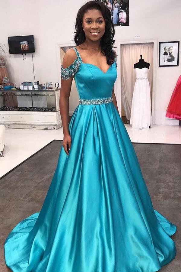 Blue A Line Beaded Cap Sleeves Satin Long Prom Dresses with Sweep Train, MP132 Blue A Line Beaded Cap Sleeves Satin Long Prom Dresses with Sweep Train, MP132