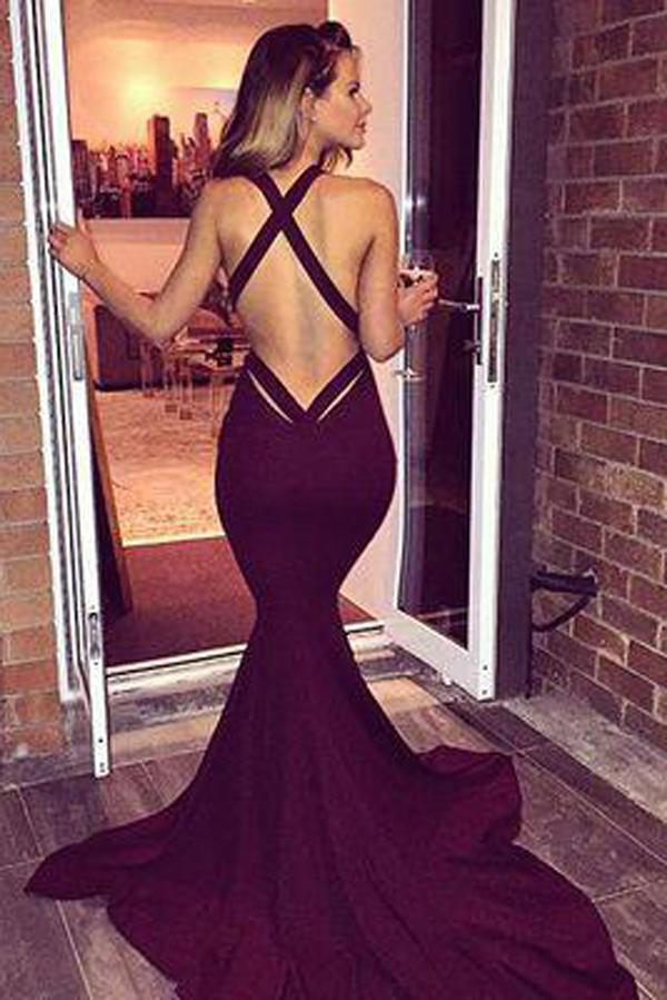 Burgundy Mermaid V-Neck Sleeveless Long Prom Dresses With Criss Cross,  MP293 – Musebridals