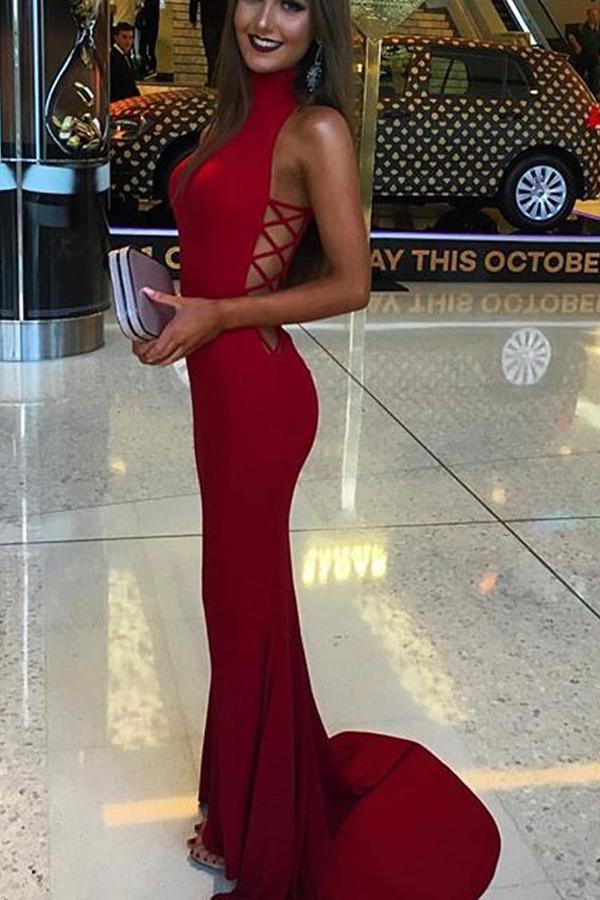 Cute Red Halter Mermaid High Neck Prom Dresses Evening Dress, – Musebridals