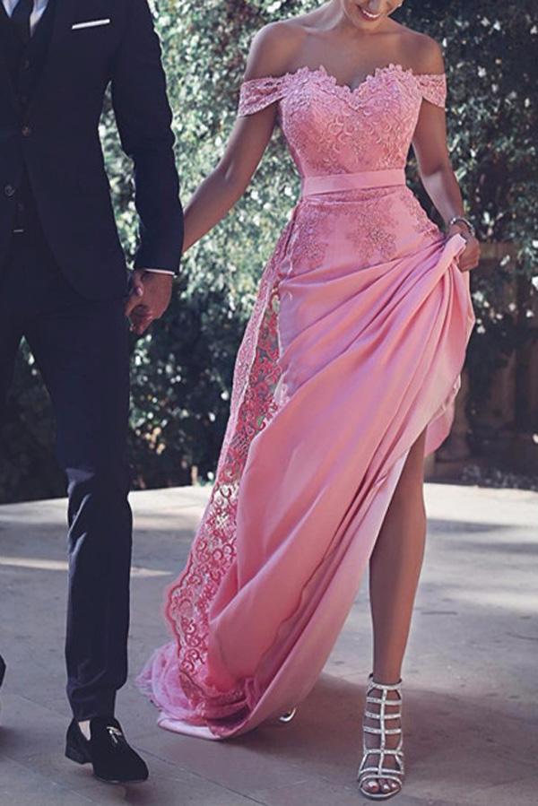 Pink Satin Off Shoulder Cap Sleeves Long Prom Dresses With Appliques, MP337 Musebridals Pink Satin Off Shoulder Cap Sleeves Long Prom Dresses With Appliques, MP337 Musebridals
