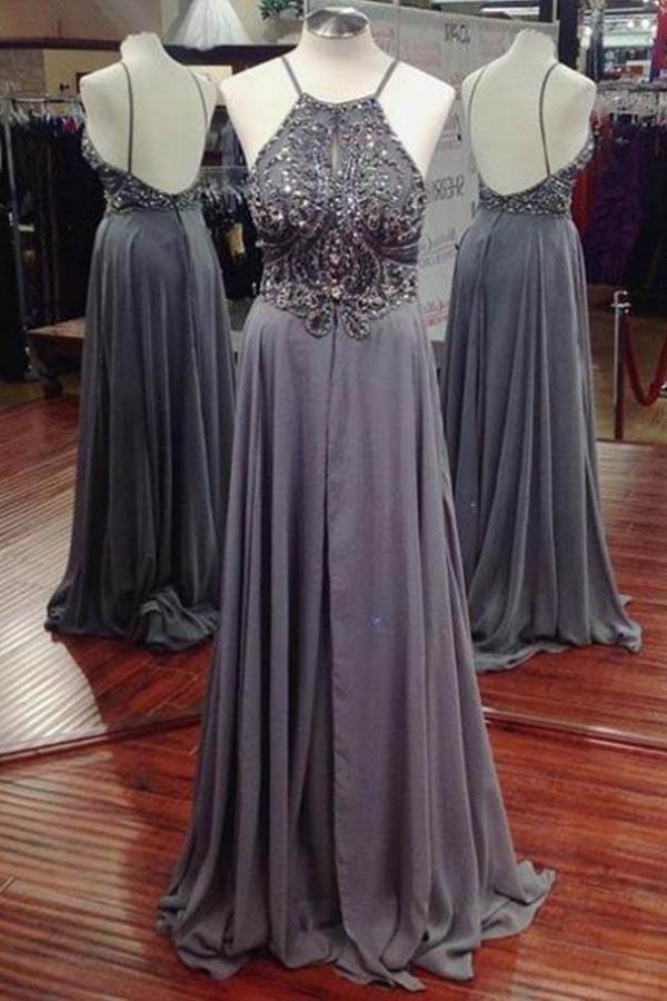 Popular Gray A-line Chiffon Spaghetti Straps Long Prom Dresses with Beading, MP239