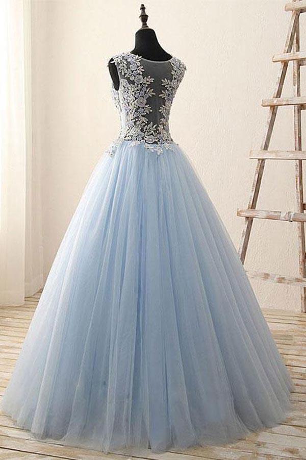 Light Blue A-line Tulle See Through Lace Long Prom Dresses With Appliques, MP379|musebridals.com