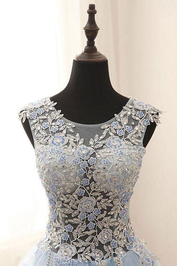 Light Blue A-line Tulle See Through Lace Long Prom Dresses With Appliques, MP379