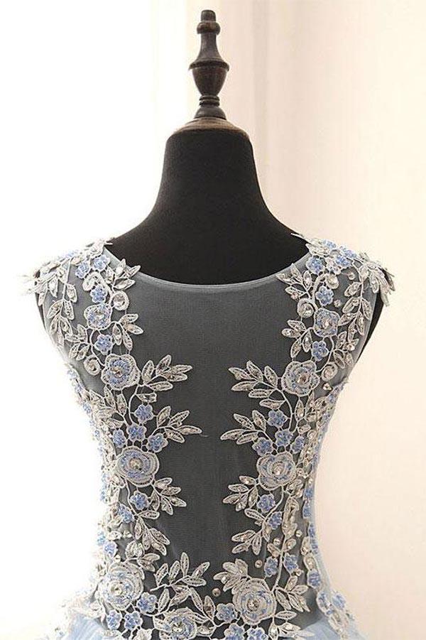 Light Blue A-line Tulle See Through Lace Long Prom Dresses With Appliques, MP379