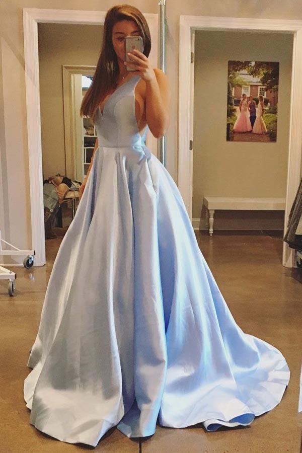 Simple Satin A-line V-neck Lace Up Long Prom Dresses with Pockets, MP417 –  Musebridals