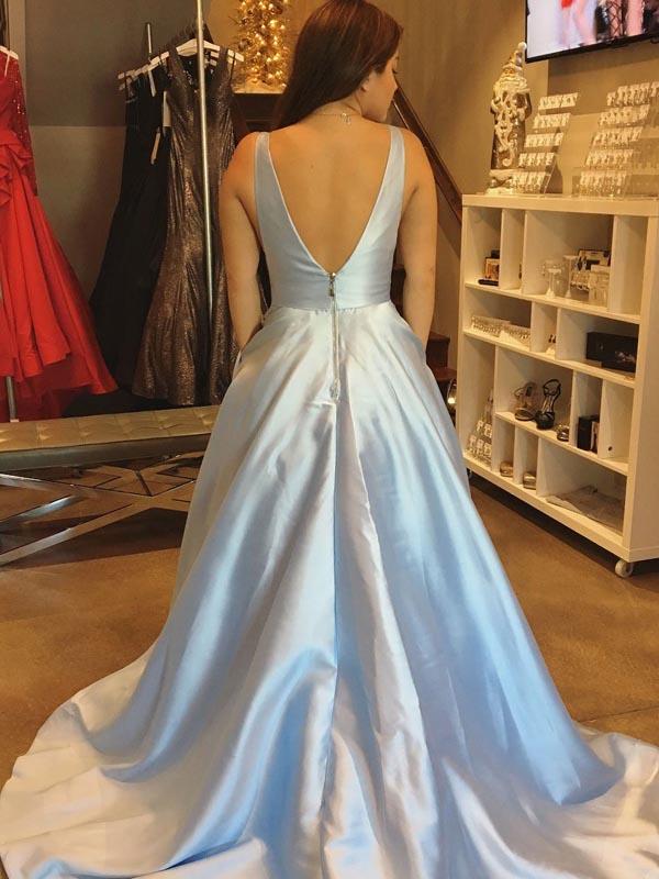 musebridals.com|Simple Satin A-line V-neck Lace Up Long Prom Dresses with Pockets, MP417