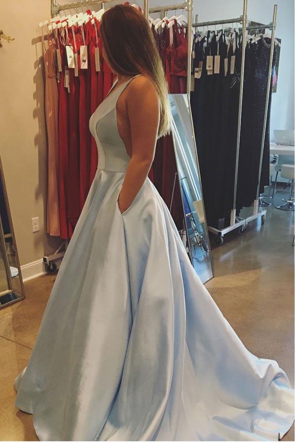 Simple Satin A-line V-neck Lace Up Long Prom Dresses with Pockets, MP417