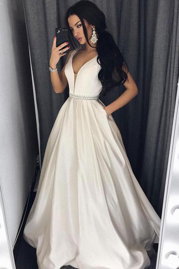 Simple Satin V-neck A-line Princess Prom Dresses Evening Dress with Pocket, MP421