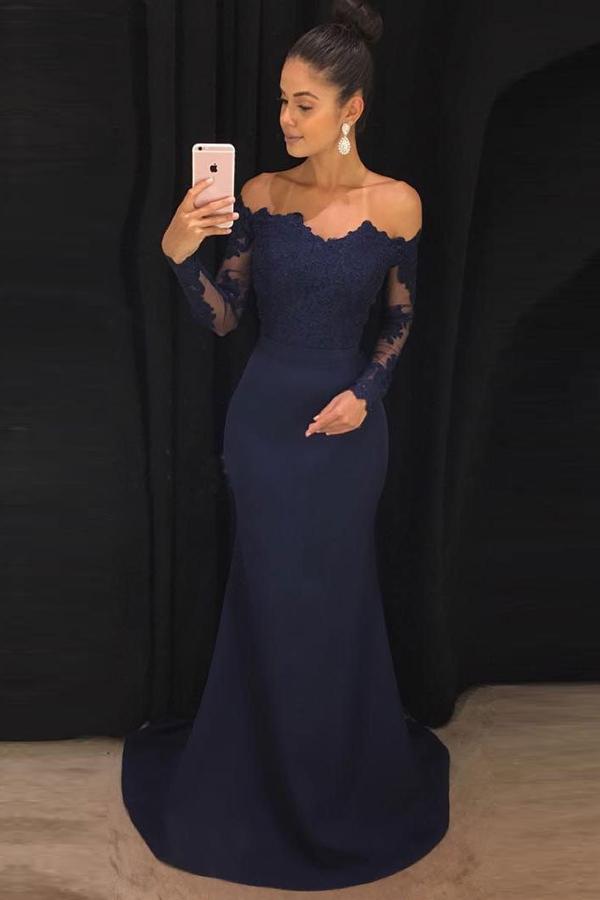 navy blue long sleeve mermaid dress Navy Ruffle Sleeve Mermaid Formal Gown 09776