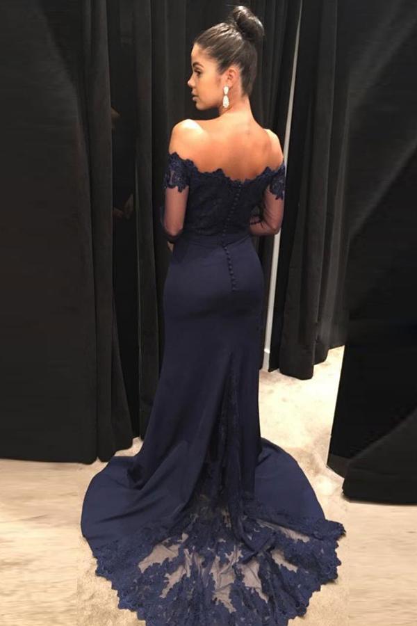 Navy Off the Shoulder Long Sleeves Mermaid Long Prom Dresses Party Dresses, MP305|musebridals.com