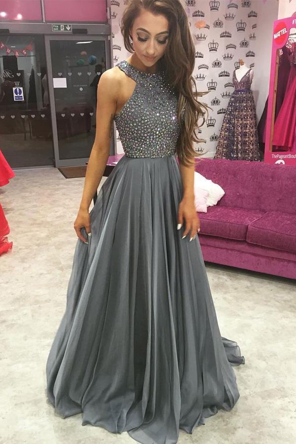 Grey A-line Rhinestone Beaded Chiffon Halter Long Prom Dresses, MP250