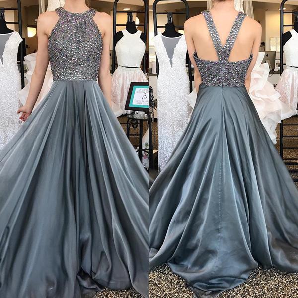 Grey A-line Rhinestone Beaded Chiffon Halter Long Prom Dresses, MP250|musebridals.com