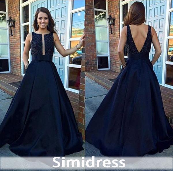 Red Satin Backless A-line Scoop Neck Long Prom Dresses with Sweep Train, MP364|musebridals.com