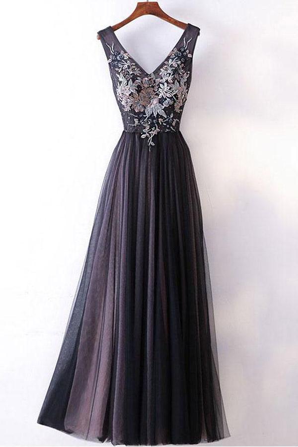 Dark Grey A-line V-neck Princess Long Prom Dresses with Appliques, MP391
