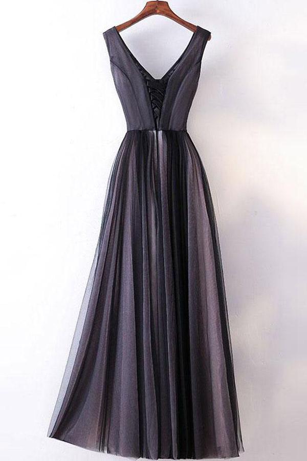 Dark Grey A-line V-neck Princess Long Prom Dresses with Appliques, MP391|musebridals.com