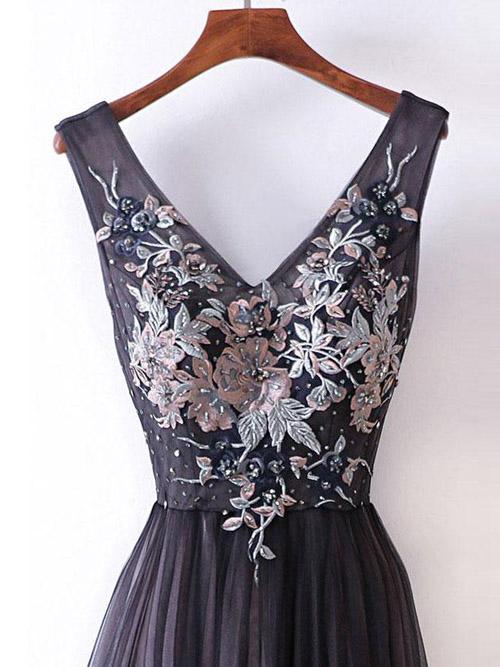 Dark Grey A-line V-neck Princess Long Prom Dresses with Appliques, MP391 Dark Grey A-line V-neck Princess Long Prom Dresses with Appliques, MP391