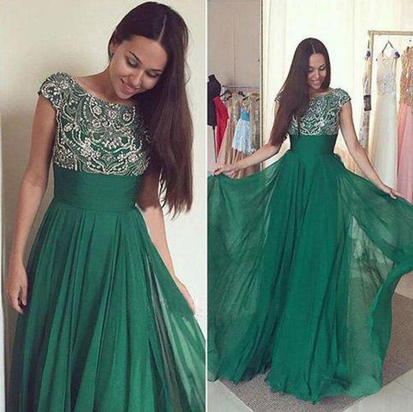 Dark Green A-line Chiffon Long Prom Dress with Beading, Long Evening Dress, MP180 at musebridals.com
