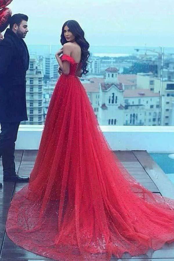 Tulle Dark Red A-Line Off Shoulder Long Prom Dress with Court Train, MP186 at www.musebridals.com