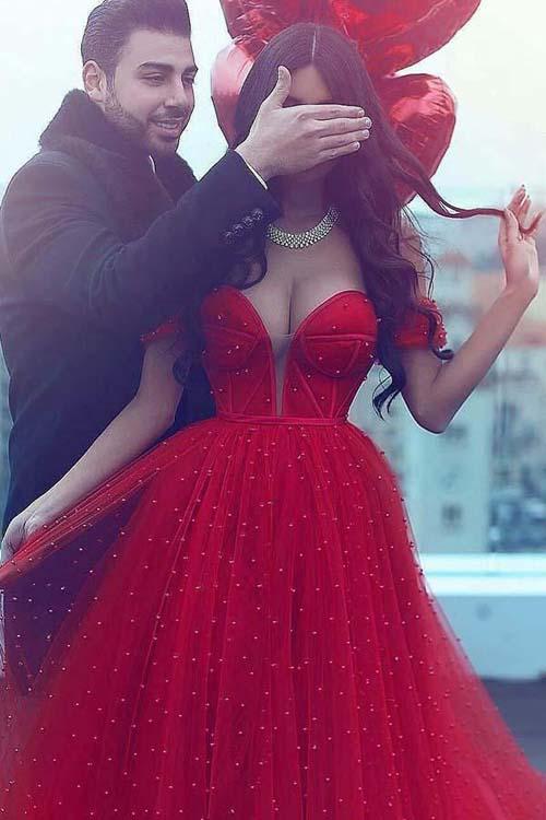 Tulle Dark Red A-Line Off Shoulder Long Prom Dress with Court Train, MP186|www.musebridals.com