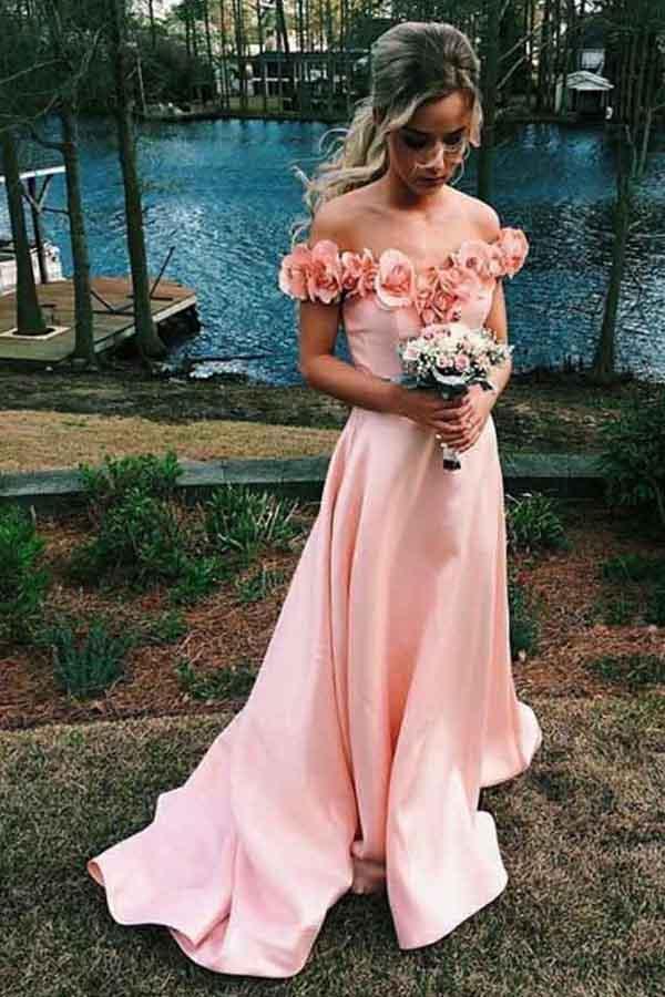 Pink Off-the-Shoulder Satin Flowers Long Prom Dresses with Sweep Train, MP339