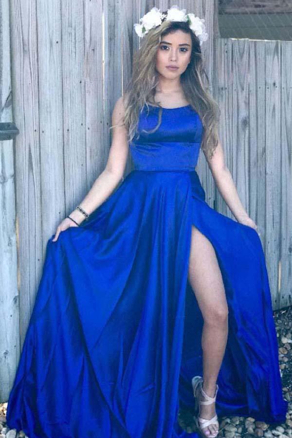 Royal Blue Satin Scoop Criss-Cross Straps Prom Dress With Side Split, MP340 Royal Blue Satin Scoop Criss-Cross Straps Prom Dress With Side Split, MP340