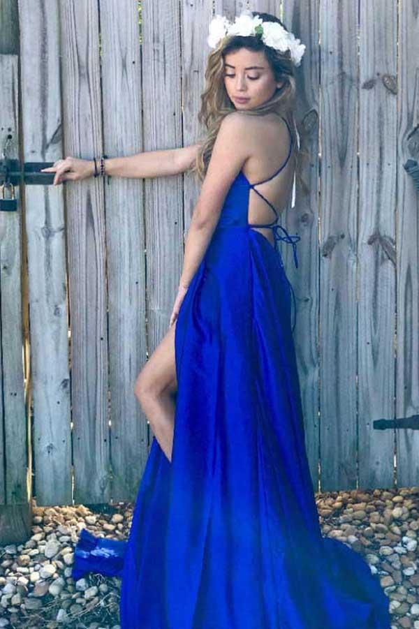 Musebridals offer Royal Blue Satin Scoop Criss-Cross Straps Prom Dress With Side Split, MP340