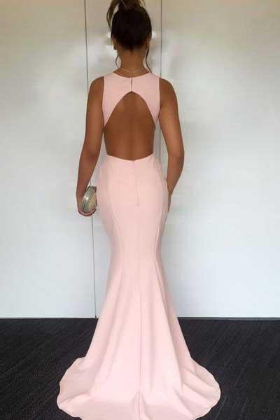 Pearl Pink Round Neck Open Back Mermaid Prom Dresses with Sweep Train,  MP319  Musebridals