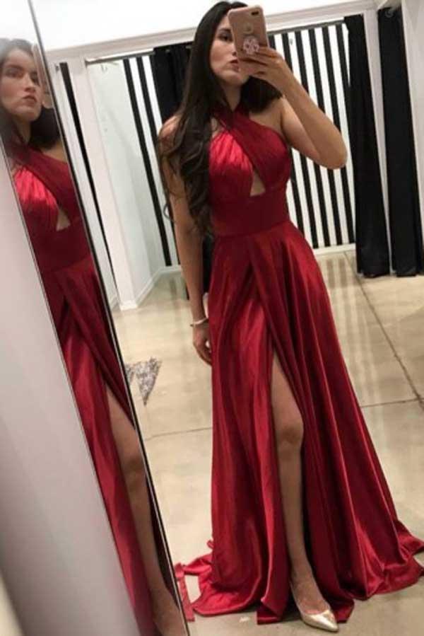Dark Red Cross Neck Floor-Length A-Line Long Prom Dresses with Split Keyhole, MP184 Musebridals Dark Red Cross Neck Floor-Length A-Line Long Prom Dresses with Split Keyhole, MP184 Musebridals